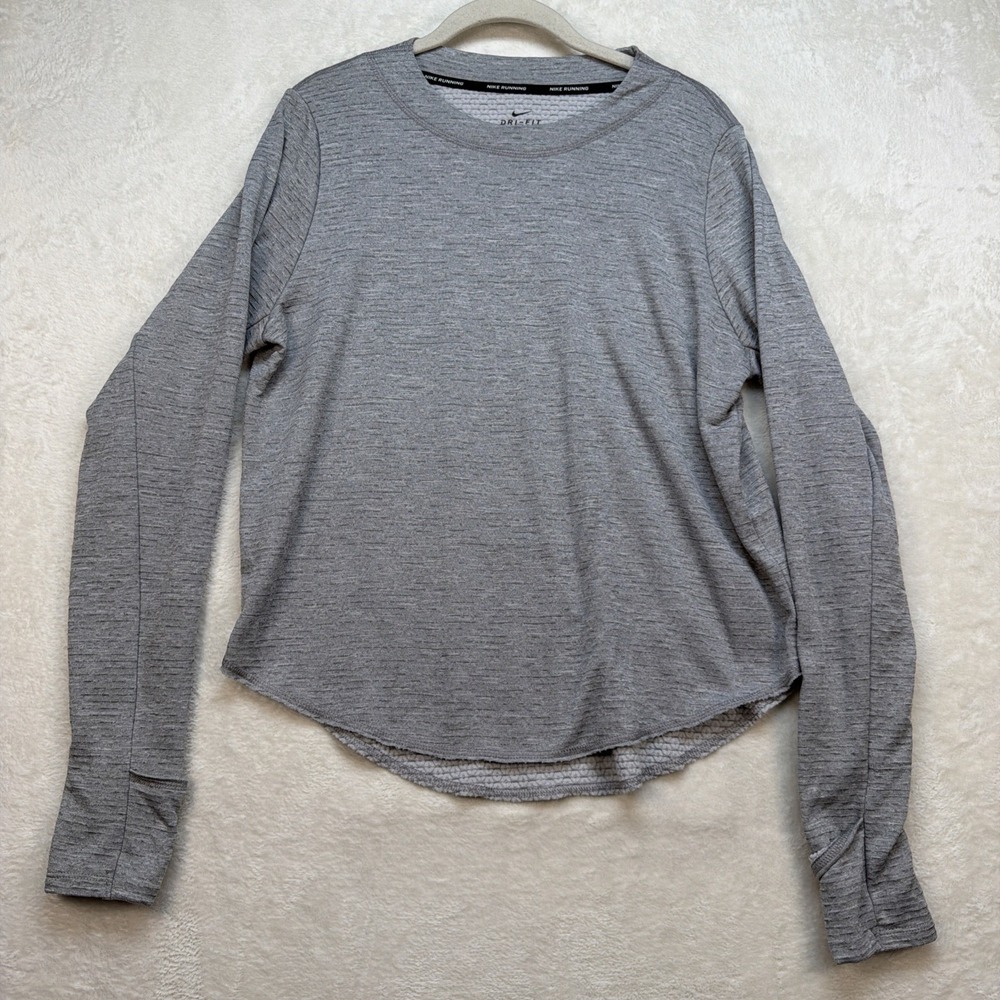 Nike Dri Fit Running Shirt Mens Medium Long Sleeve Lightweight Gray Gym
